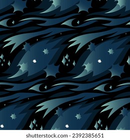 Vector dark blue seamless pattern with cosmic nebulae. Transition, gradient in blue colors. A space adventure. Abstract background with stars and clouds. Vector texture