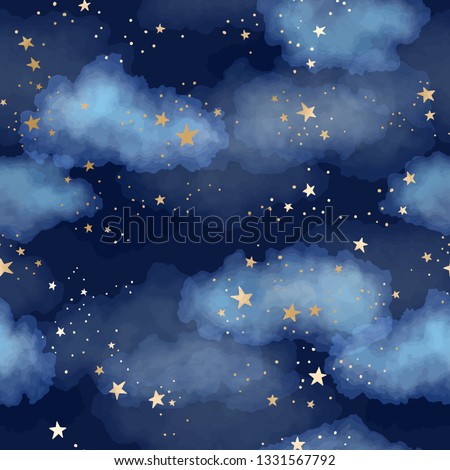 Vector dark blue seamless pattern with gold foil constellations, stars and clouds. Watercolor night sky background