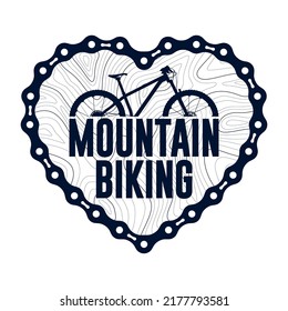 Vector dark blue simple logo heart composed of bike chain with mountain bike text.