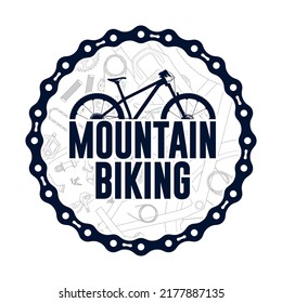 Vector dark blue simple logo circle composed of bike chain with mountain bike text.