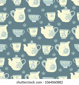 Vector dark blue tea party seamless pattern. Perfect for fabric, wrapping paper, scrapbooking, wallpaper, gifts, stationery projects.