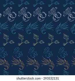 Vector Dark Blue Turkish Flowers Stripes Drawing Stripes Seamless Pattern
