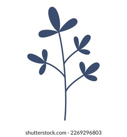 Vector dark blue twig with leaves in flat design. Branch with leaves in blue color. Spring botanical illustration.