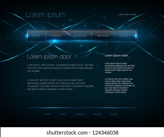 Vector dark blue web site design template with glossy navigation bar and modern glowing background