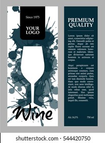 vector dark blue and white wine label with splash and glass