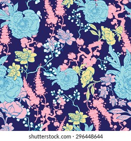 Vector Azul Oscuro Amarillo Rosa Kimono Patrón Floral Sin Costuras