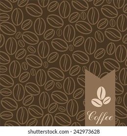 Vector dark brown background with coffee grains and the inscription