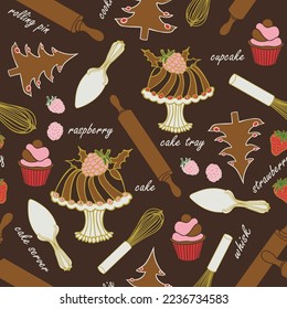 Vector dark brown bakinggear, cake and cupcakes seamless pattern design for Christmas. Perfect for fabric, wallpaper, wrapping paper, projects.