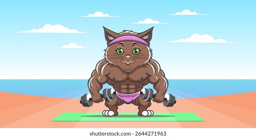 Vector dark brown powerful funny cute cartoon cat bodybuilder with dumbbells. Sea beach and clouds. Toon strong muscular puss. Kitten athlete