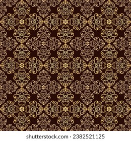 Vector dark brown seamless retro pattern with golden lace rhombus