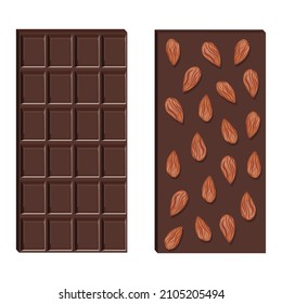 Vector dark chocolate bar with almonds isolated on white background.
