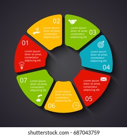 Vector dark circle infographic. Template for cycle diagram, graph, presentation and round chart. Business concept with 7 options, parts, steps or processes. Data visualization.