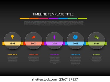 Vector línea de tiempo de color oscuro con iconos en cinco plantillas de círculos semitransparentes de vidrio mate con iconos, descripciones y línea de tiempo de flechas coloreadas de arcoiris en el fondo gris oscuro. 