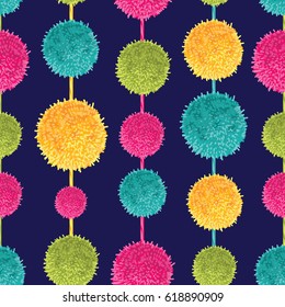 Vector Dark Colorful Decorative Hanging Pompoms Seamless Repeat Pattern. Great for handmade cards, invitations, wallpaper, packaging, nursery designs.