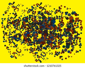 Vector dark colorful round confetti isolated on yellow background. Celebration circles confetti background. Different size circles splash.