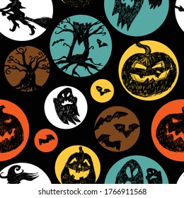 Vector dark colourful hand drawn halloween spooky silhouettes in circles repeat pattern. Suitable for invitation card, halloween party poster or gift wrap.