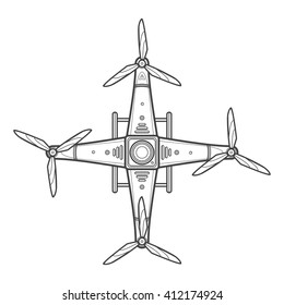 vector dark contour design quadcopter drone three blades propellers top view isolated illustration white background