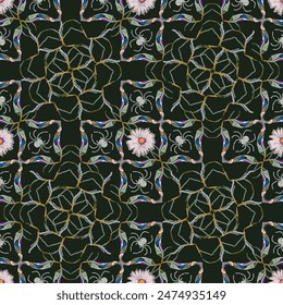 Vector, dark cottagecore style pattern of daisy flower in spider web lace