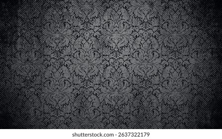 Vector dark damask pattern with vintage grunge texture and halftone graphic hatching shading. Dark ornamental  gothic, baroque, and antique-style background.