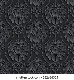 Vector dark damask seamless pattern background. Elegant luxury texture for wallpapers, backgrounds and page fill. 3D elements with shadows and highlights. Paper cut.