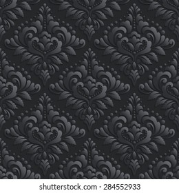 Vector dark damask seamless pattern background. Elegant luxury texture for wallpapers, backgrounds and page fill. 3D elements with shadows and highlights. Paper cut.
