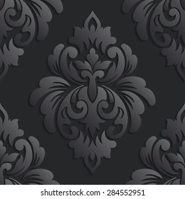 Vector dark damask seamless pattern element. Elegant luxury texture for wallpapers, backgrounds and page fill. 3D elements with shadows and highlights. Paper cut.