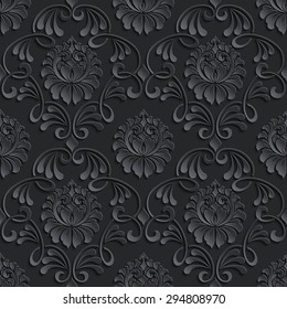 Vector dark damask seamless pattern background. Elegant luxury texture for wallpapers, backgrounds and page fill. 3D elements with shadows and highlights. Paper cut.