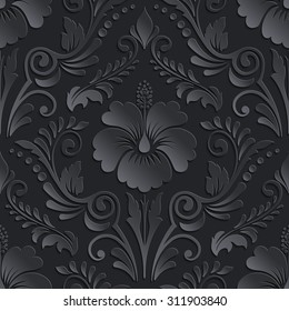 Vector dark damask seamless pattern element. Elegant luxury texture for wallpapers, backgrounds and page fill. 3D elements with shadows and highlights. Paper cut.