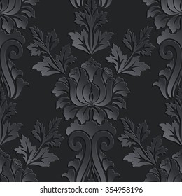 Vector dark damask seamless pattern element. Elegant luxury texture for wallpapers, backgrounds and page fill. 3D elements with shadows and highlights. Paper cut.