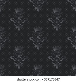 Vector dark damask seamless pattern background. Elegant luxury texture for wallpapers, backgrounds and page fill. 3D elements with shadows and highlights. Paper cut.