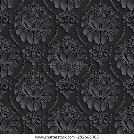 Vector dark damask seamless pattern background. Elegant luxury texture for wallpapers, backgrounds and page fill. 3D elements with shadows and highlights. Paper cut.