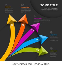 Vector dark diagonal multipurpose Infographic template with title and five elements  big color arrows. Multipurpose Infochart with modern colors lines icons and arrows pointing on various  directions 