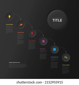 Vector dark diagonal progress steps template with arrows  made from six dark relief circles with descriptions and icons and rainbow colorful timeline in the background. Dark  timeline with color icons