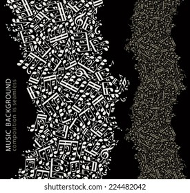 Vector dark dotted seamless music background, vertical band of musical notes and treble clefs. 