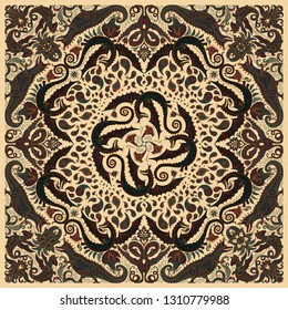 Vector dark dragon bandana print on a beige background. Paisley pattern, hand drawn flowers, leaves and fantasy beast animals, ornate cute dinosaur. Scarf, shawl, kerchief, carpet, tee shirt print