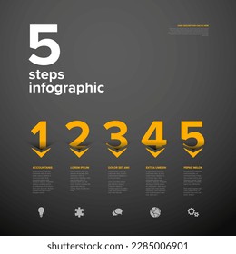 Vector dark five steps progress template with big arrows and yellow numbers with deep shadow cut from the paper, descriptions and icons. Dark version with big step numbers