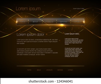 Vector dark gold web site design template with glossy navigation bar and modern glowing background