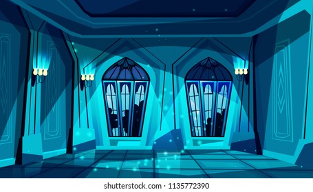 Vector Dark Gothic Castle Ballroom With Stained-glass Window. Hall For Dancing, Presentation Or Royal Reception. Big Room With Lamps At Night, Columns In Luxury Medieval Palace. Game Background