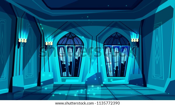 ステンドグラスの窓とベクター暗いゴシック調の城廊下 舞踊 プレゼン 王室レセプションの会場 夜は大きな部屋とランプ 中世の豪華な宮殿の柱 ゲームの背景 のベクター画像素材 ロイヤリティフリー
