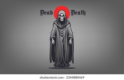 Vector dark graphic dead death with a skull and wearing a black hooded shroud. Red nimbus. Gray background.