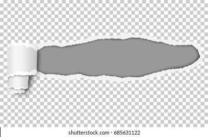 Vector dark gray background for text or ad under snatched hole in transparent paper with torn edges and paper curl. Template design.