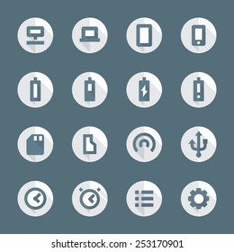 vector dark gray white flat design round various device icons set long shadows