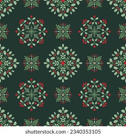 Vector Dark Green Christmas Ornate Seamless Pattern