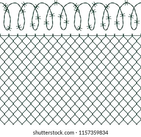 Vector dark green fence with barbed wire. Isolated on white background.