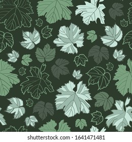Vector dark green grape leafes seamless pattern print background.