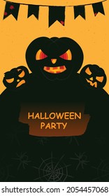 Vector dark green Halloween party card with evil pumpkins, spiders, spider webs and flags.
