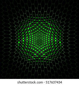 Vector dark green hexagon background with glow biohazard symbol silhouette.