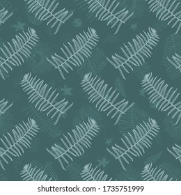 El vector de avestruz de menta verde oscuro produce un patrón sin fisuras con la marca de agua de los helechos descolorido. Adecuado para tela, papel pintado y envoltura de regalo.