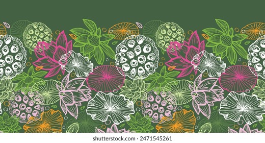 Vector dark green oriental overlapping lotus tropical flowers and water lily pads seed pods horizontal pattern. Suitable for wedding cards and wall murals.