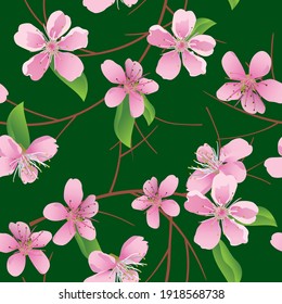 vector dark green seamless pattern with peach tree flowers